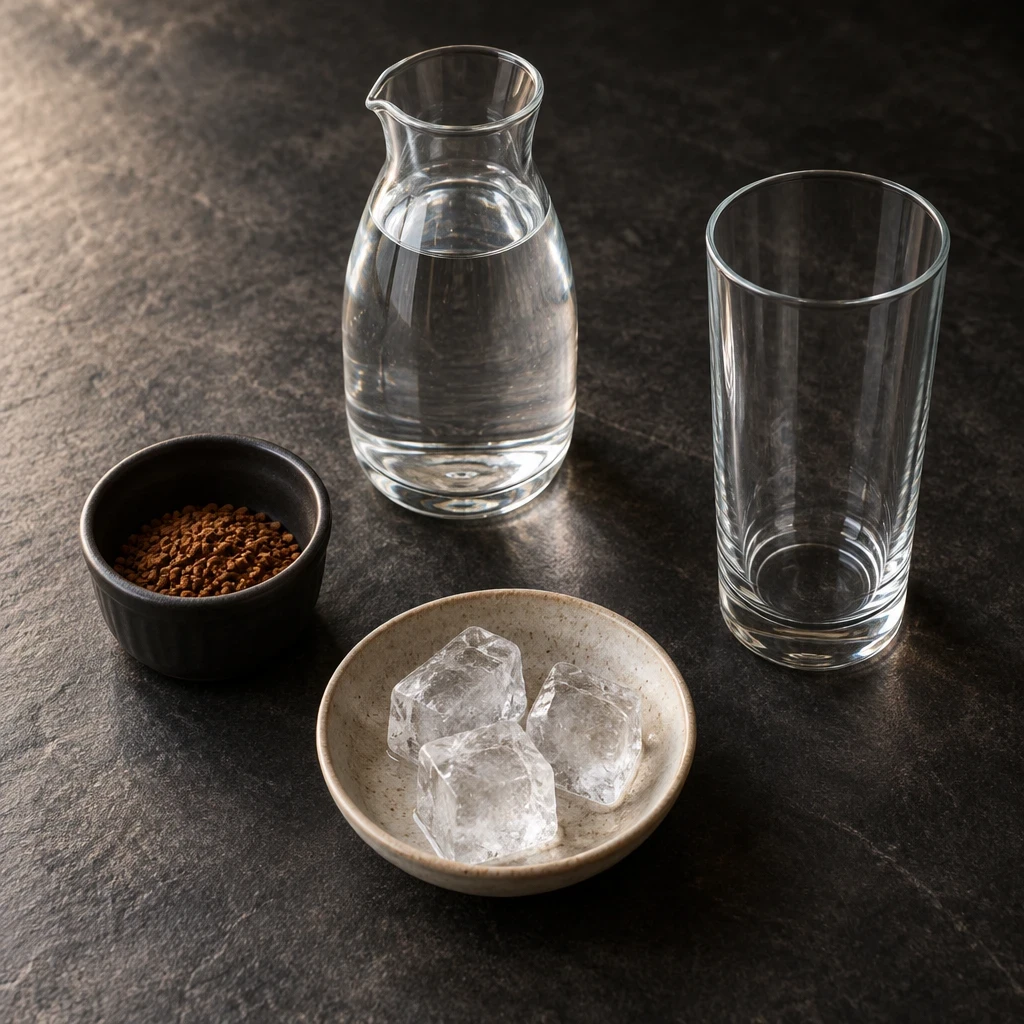 Instant coffee, water and three ice cubes for a Greek frappe.