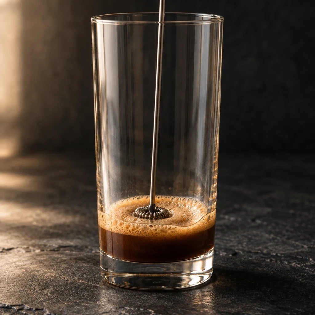 A frother begins forming bubbles in a small amount of coffee at the bottom of a tall glass.