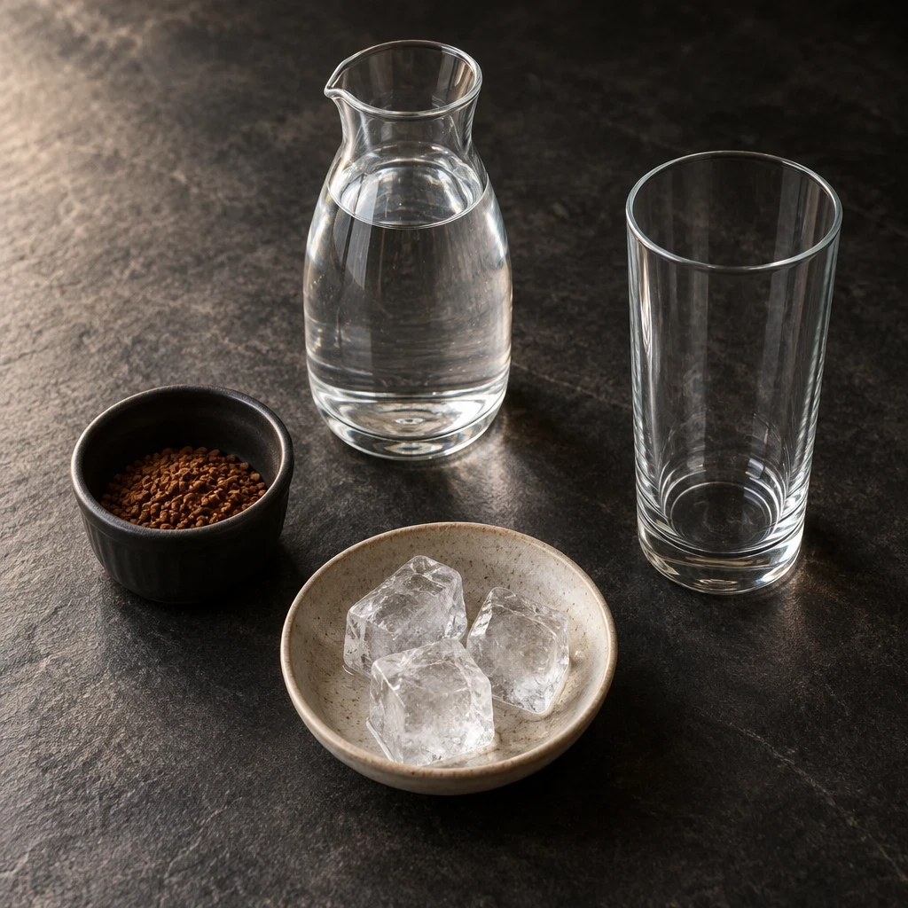 Café instantané, eau et trois glaçons pour préparer un frappé grec.